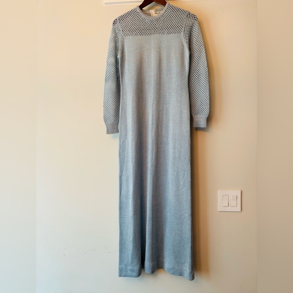 Vintage ANNE FOGARTY KNITS Blue and Gold Metallic Flecked MAXI DRESS Small